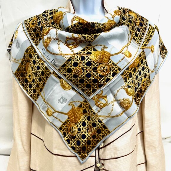 Christian Dior 100% Silk Scarf Chiffon &Satin 33"  Silver Black Gold Design(15 - Picture 4 of 10